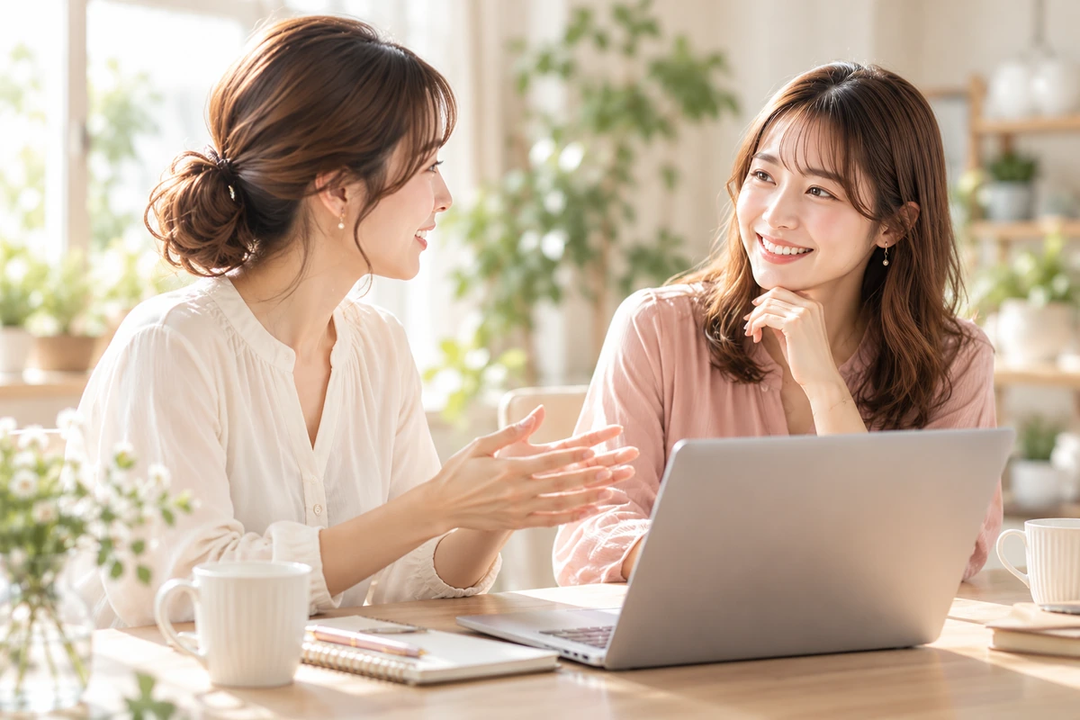 仕事の相談をしながら一緒にノートを振り返る二人の女性