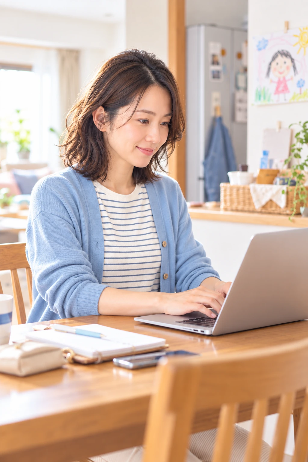 家族の暮らしがあるダイニングで仕事をする女性の掲載イメージ