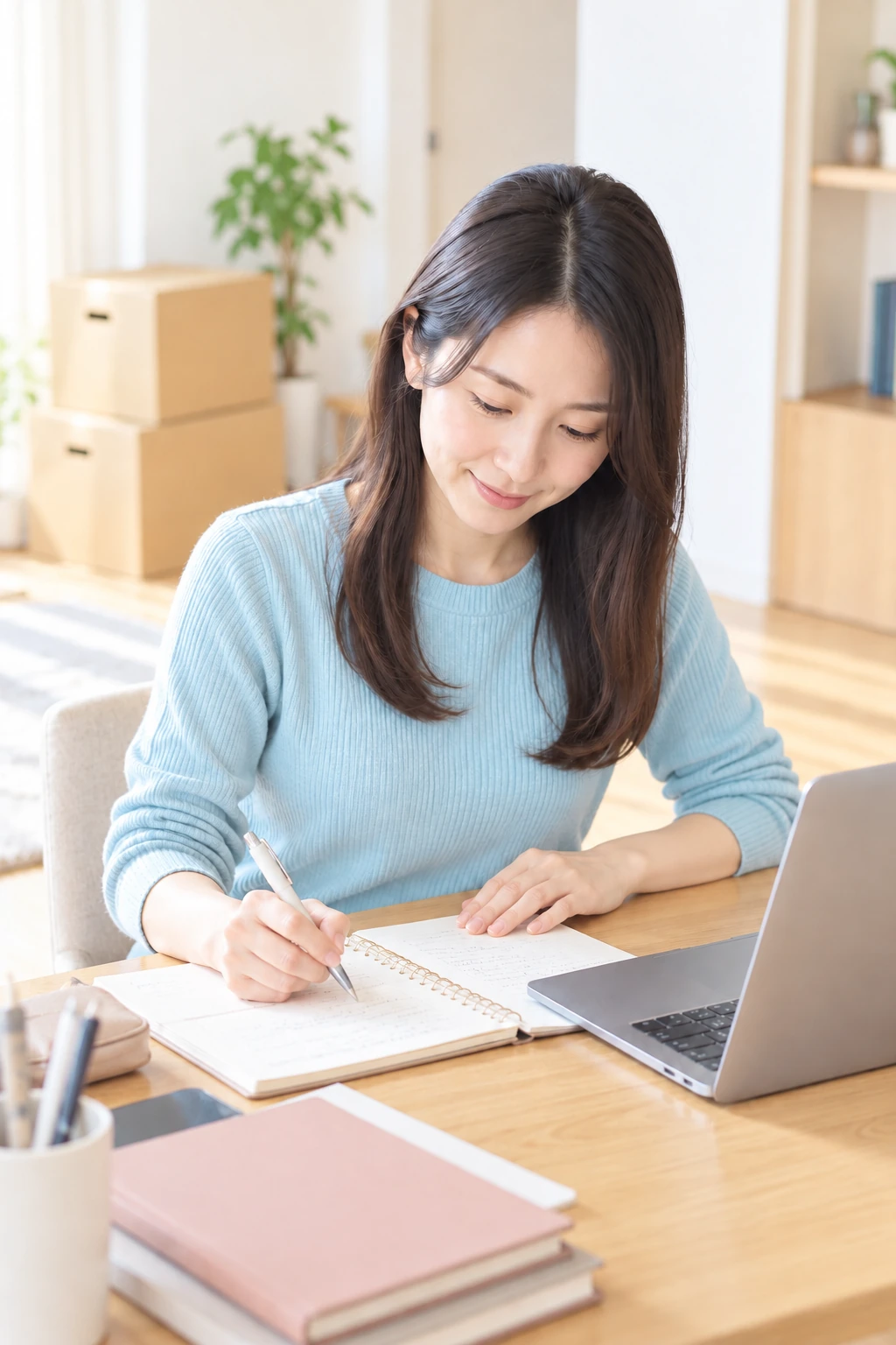 新しい住まいのワークスペースでノートを確認する女性の掲載イメージ