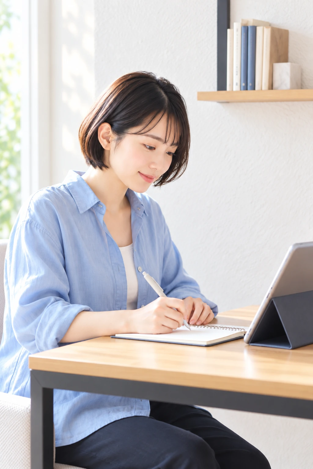 タブレットを見ながらノートで学ぶ女性の掲載イメージ