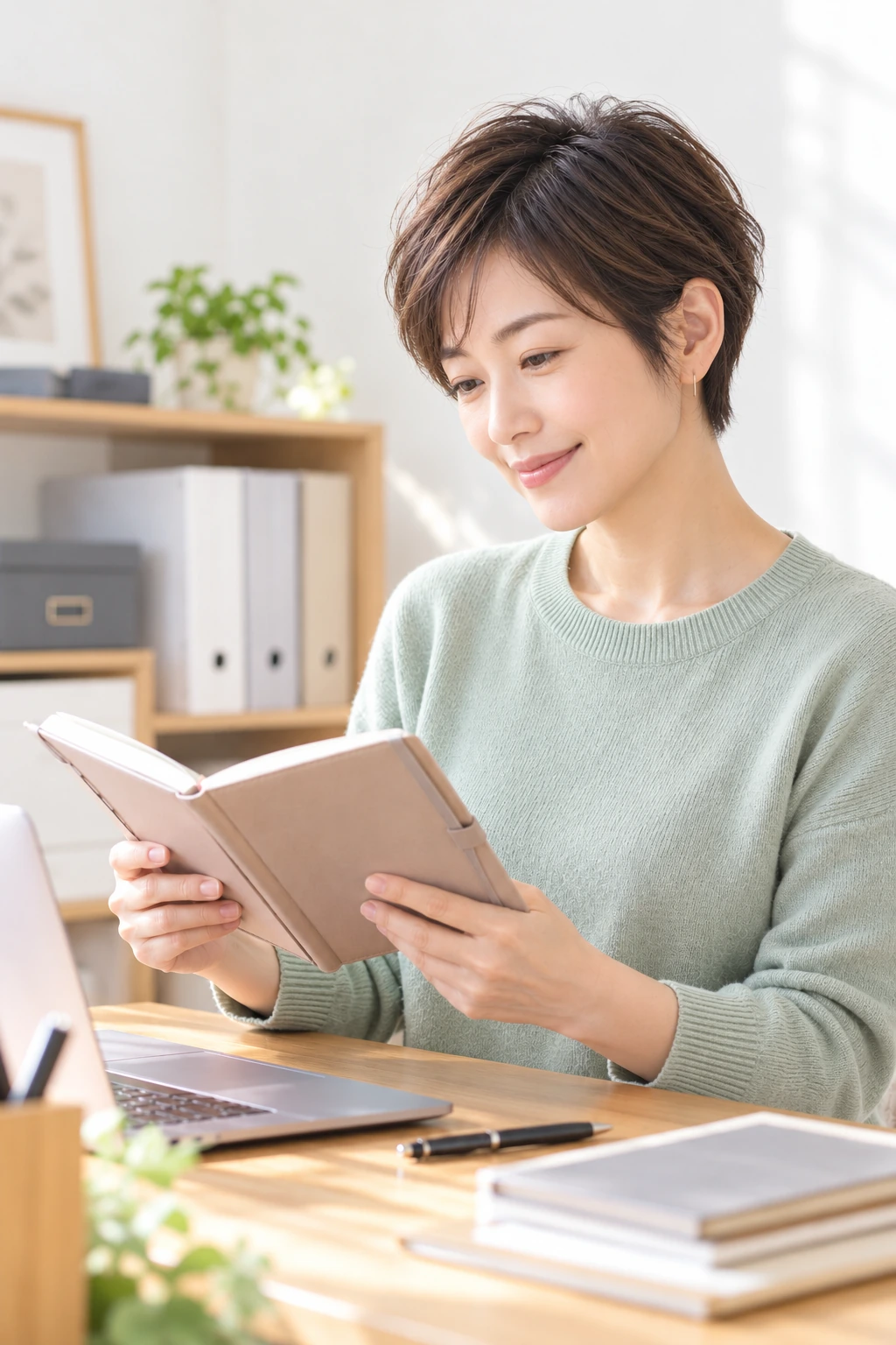 書斎でプランナーを見ながら経験を振り返る女性の掲載イメージ
