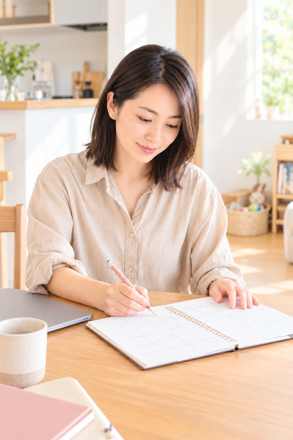 カレンダーを見ながら家族の予定を整理する女性の掲載イメージ